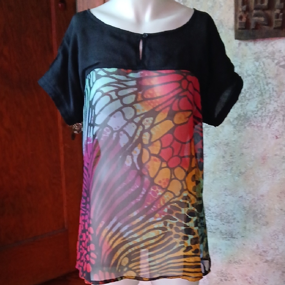 Black Tunic Top with Multi-Color Abstract Print Panel